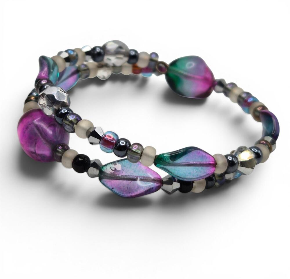 Vintage Iridescent Art Glass Double Strand Bracelet Purple Teal